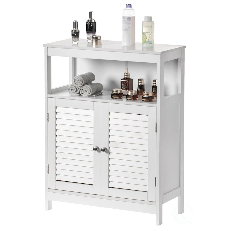 Freestanding Bathroom Storage Cabinet with Shutter Doors & Open Shelves – White Wood Finish, Modern Style
