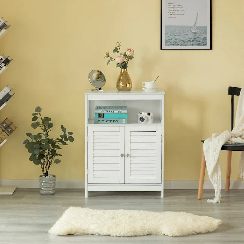 Freestanding Bathroom Storage Cabinet with Shutter Doors & Open Shelves – White Wood Finish, Modern Style