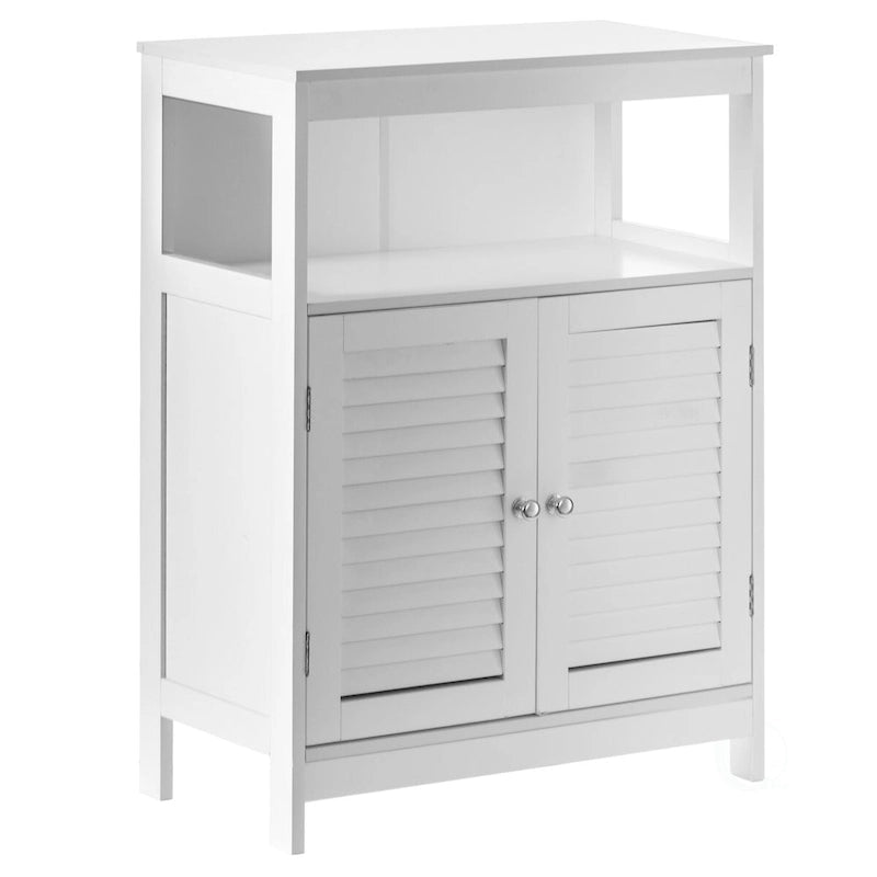 Freestanding Bathroom Storage Cabinet with Shutter Doors & Open Shelves – White Wood Finish, Modern Style